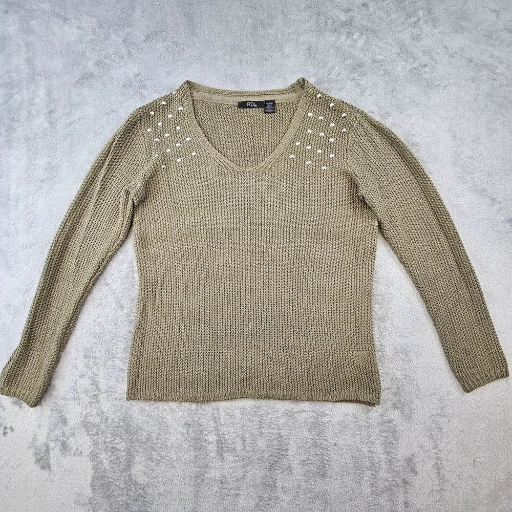 RDI Sweater Women's Small Olive‎ Green Studded Scoop Neck Soft Knit Pullover